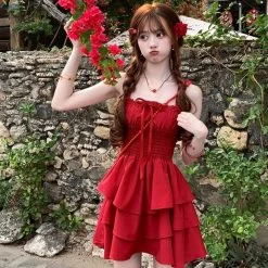 Summer Sweet Girl Style Red Suspender Dress -Kawaii Fashion Shop Summer Sweet Girl Style Red Suspender Dress 6