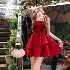 Summer Sweet Girl Style Red Suspender Dress -Kawaii Fashion Shop Summer Sweet Girl Style Red Suspender Dress 9