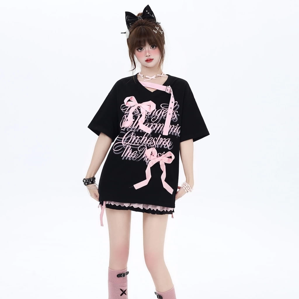 Summer Sweet Girl Style Three-Dimensional Bow Tie T-shirt 3 Summer Sweet Girl Style Three-Dimensional Bow Tie T-shirt