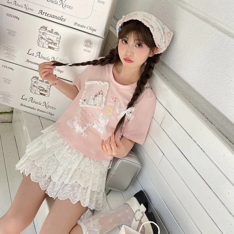 Summer Sweet Girl Style Three-Dimensional Lace T-shirt 5 Summer Sweet Girl Style Three-Dimensional Lace T-shirt - Image 3