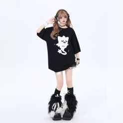 Summer Sweet Girly Style Cartoon Ghost Cat Print T-shirt -Kawaii Fashion Shop Summer Sweet Girly Style Cartoon Ghost Cat Print T shirt 3