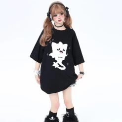 Summer Sweet Girly Style Cartoon Ghost Cat Print T-shirt -Kawaii Fashion Shop Summer Sweet Girly Style Cartoon Ghost Cat Print T shirt 6