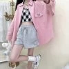 Summer Sweet Japanese Kitten Print Pink High Waist Shorts -Kawaii Fashion Shop Summer Sweet Japanese Kitten Print Pink High Waist Shorts 11