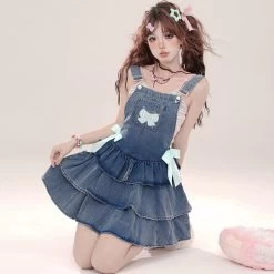 Summer Sweet Princess Style Blue Denim Suspender Skirt 10 Summer Sweet Princess Style Blue Denim Suspender Skirt -Kawaii Fashion Shop Summer Sweet Princess Style Blue Denim Suspender Skirt 2