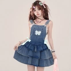 Summer Sweet Princess Style Blue Denim Suspender Skirt 12 Summer Sweet Princess Style Blue Denim Suspender Skirt -Kawaii Fashion Shop Summer Sweet Princess Style Blue Denim Suspender Skirt 4