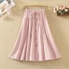 Japanese Summer Button Linen Flounce Skirt 1 Japanese Summer Button Linen Flounce Skirt -Kawaii Fashion Shop Summer Women Midi Skirt Casual Stretch High Waist Knee length Skirts Womens Spring Pure Color Pink