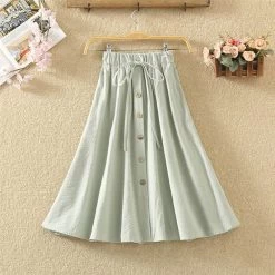 Japanese Summer Button Linen Flounce Skirt -Kawaii Fashion Shop Summer Women Midi Skirt Casual Stretch High Waist Knee length Skirts Womens Spring Pure Color Pink 2