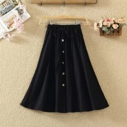 Japanese Summer Button Linen Flounce Skirt -Kawaii Fashion Shop Summer Women Midi Skirt Casual Stretch High Waist Knee length Skirts Womens Spring Pure Color Pink 4