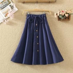 Japanese Summer Button Linen Flounce Skirt -Kawaii Fashion Shop Summer Women Midi Skirt Casual Stretch High Waist Knee length Skirts Womens Spring Pure Color Pink 5