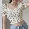 Vintage Floral Print Tops 2 Vintage Floral Print Tops -Kawaii Fashion Shop Summer Women T Shirts Vintage Printing Fashion Lac Tops 2021 New Streetwear Bubble Sleeve High Waist