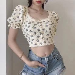 Vintage Floral Print Tops 11 Vintage Floral Print Tops -Kawaii Fashion Shop Summer Women T Shirts Vintage Printing Fashion Lac Tops 2021 New Streetwear Bubble Sleeve High Waist 3