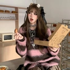 Sweet College Style Pullover Purple Striped Sweater -Kawaii Fashion Shop Sweet College Style Pullover Purple Striped Sweater 1