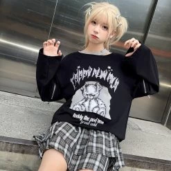 Sweet Cool Girl Style Black Cartoon Bear Print Long Sleeve T-shirt -Kawaii Fashion Shop Sweet Cool Girl Style Black Cartoon Bear Print Long Sleeve T shirt 3