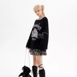 Sweet Cool Girl Style Black Cartoon Bear Print Long Sleeve T-shirt -Kawaii Fashion Shop Sweet Cool Girl Style Black Cartoon Bear Print Long Sleeve T shirt 6