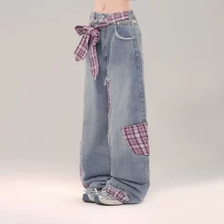 Sweet Cool Girl Style Bow Decoration Wide-Leg Jeans -Kawaii Fashion Shop Sweet Cool Girl Style Bow Decoration Wide Leg Jeans 2