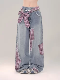 Sweet Cool Girl Style Bow Decoration Wide-Leg Jeans -Kawaii Fashion Shop Sweet Cool Girl Style Bow Decoration Wide Leg Jeans 4