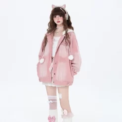 Sweet Cool Girl Style Fake Two-Piece Hooded Denim Coat -Kawaii Fashion Shop Sweet Cool Girl Style Fake Two Piece Hooded Denim Coat 1