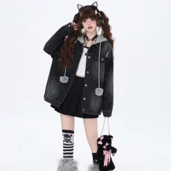 Sweet Cool Girl Style Fake Two-Piece Hooded Denim Coat -Kawaii Fashion Shop Sweet Cool Girl Style Fake Two Piece Hooded Denim Coat 2