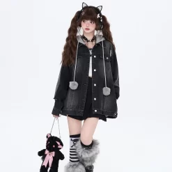 Sweet Cool Girl Style Fake Two-Piece Hooded Denim Coat -Kawaii Fashion Shop Sweet Cool Girl Style Fake Two Piece Hooded Denim Coat 4