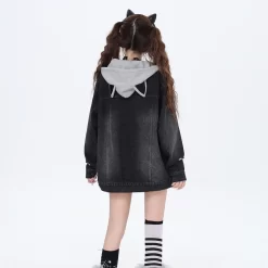 Sweet Cool Girl Style Fake Two-Piece Hooded Denim Coat -Kawaii Fashion Shop Sweet Cool Girl Style Fake Two Piece Hooded Denim Coat 5