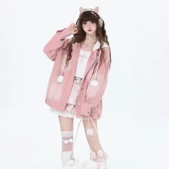 Sweet Cool Girl Style Fake Two-Piece Hooded Denim Coat -Kawaii Fashion Shop Sweet Cool Girl Style Fake Two Piece Hooded Denim Coat 6