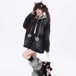 Sweet Cool Girl Style Fake Two-Piece Hooded Denim Coat -Kawaii Fashion Shop Sweet Cool Girl Style Fake Two Piece Hooded Denim Coat 7