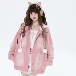 Sweet Cool Girl Style Fake Two-Piece Hooded Denim Coat -Kawaii Fashion Shop Sweet Cool Girl Style Fake Two Piece Hooded Denim Coat 8