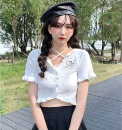 Kawaii Bear Single-breasted Knitted Top -Kawaii Fashion Shop Sweet Cute Cool Bear Knitted Short sleeved T shirt Female Bandage Halter Y2K Niche Summer Hot 3