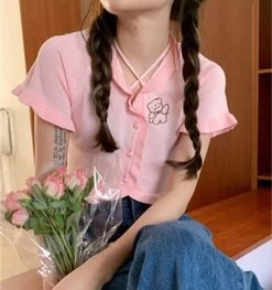 Kawaii Bear Single-breasted Knitted Top -Kawaii Fashion Shop Sweet Cute Cool Bear Knitted Short sleeved T shirt Female Bandage Halter Y2K Niche Summer Hot 4