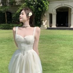 Korean Sweet Fairy Mini Dress -Kawaii Fashion Shop Sweet Elegant Beach Seaside Vacation Fairy Party Mini Dress Summer Kawaii Girl Mesh Sling A Line 3