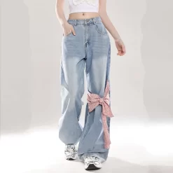 Sweet Girl All-match Style Bow Decoration Wide-leg Jeans -Kawaii Fashion Shop Sweet Girl All match Style Bow Decoration Wide leg Jeans 2