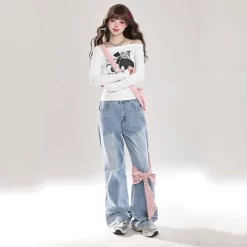 Sweet Girl All-match Style Bow Decoration Wide-leg Jeans -Kawaii Fashion Shop Sweet Girl All match Style Bow Decoration Wide leg Jeans 3