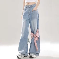 Sweet Girl All-match Style Bow Decoration Wide-leg Jeans -Kawaii Fashion Shop Sweet Girl All match Style Bow Decoration Wide leg Jeans 4