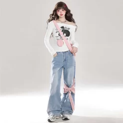 Sweet Girl All-match Style Bow Decoration Wide-leg Jeans -Kawaii Fashion Shop Sweet Girl All match Style Bow Decoration Wide leg Jeans 6