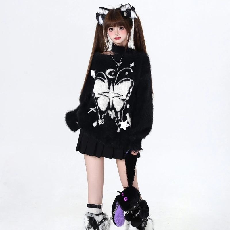 Sweet Girl Style Butterfly Embroidery Off-shoulder Sweater 9 Sweet Girl Style Butterfly Embroidery Off-shoulder Sweater - Image 7