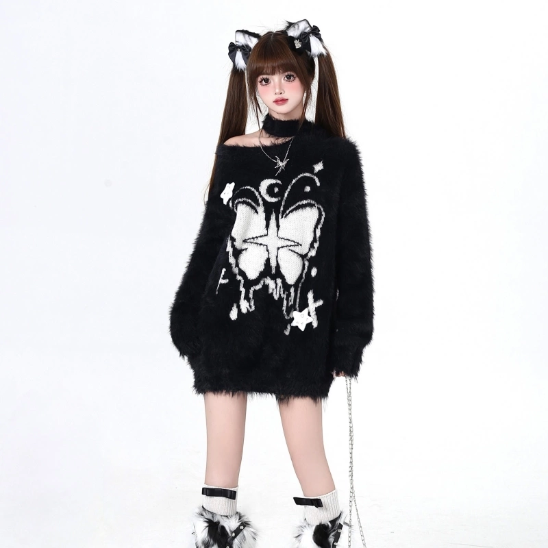 Sweet Girl Style Butterfly Embroidery Off-shoulder Sweater 8 Sweet Girl Style Butterfly Embroidery Off-shoulder Sweater - Image 6