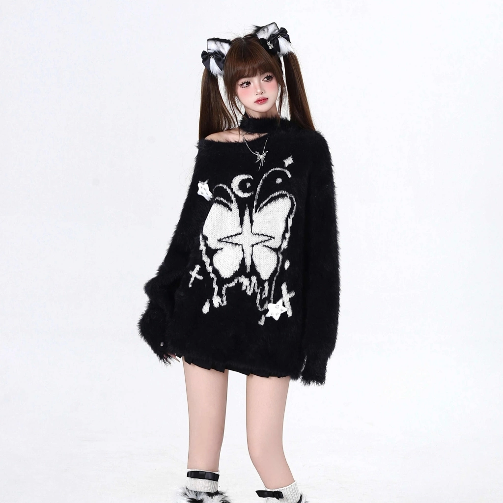 Sweet Girl Style Butterfly Embroidery Off-shoulder Sweater 5 Sweet Girl Style Butterfly Embroidery Off-shoulder Sweater - Image 3