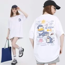 Sweet Girl Style Cartoon Hand-Painted Small Shark Print T-shirt -Kawaii Fashion Shop Sweet Girl Style Cartoon Hand Painted Small Shark Print T shirt 8