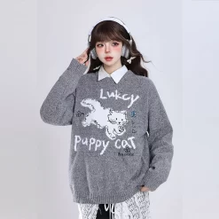 Sweet Girl Style Cartoon Kitten Embroidered Pullover Sweater -Kawaii Fashion Shop Sweet Girl Style Cartoon Kitten Embroidered Pullover Sweater 2
