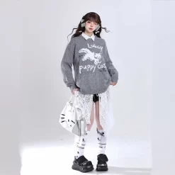 Sweet Girl Style Cartoon Kitten Embroidered Pullover Sweater -Kawaii Fashion Shop Sweet Girl Style Cartoon Kitten Embroidered Pullover Sweater 5