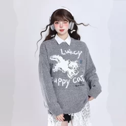 Sweet Girl Style Cartoon Kitten Embroidered Pullover Sweater -Kawaii Fashion Shop Sweet Girl Style Cartoon Kitten Embroidered Pullover Sweater 6