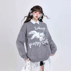 Sweet Girl Style Cartoon Kitten Embroidered Pullover Sweater -Kawaii Fashion Shop Sweet Girl Style Cartoon Kitten Embroidered Pullover Sweater 7