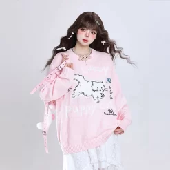 Sweet Girl Style Cartoon Kitten Embroidered Pullover Sweater -Kawaii Fashion Shop Sweet Girl Style Cartoon Kitten Embroidered Pullover Sweater 8