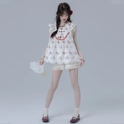 Sweet Girl Style Dark Pattern White Shorts -Kawaii Fashion Shop Sweet Girl Style Dark Pattern White Shorts 3