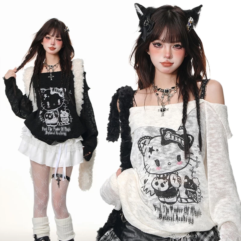 Sweet Girl Style Hello Kitty Printed Off-shoulder Long Sleeve T-shirt 3 Sweet Girl Style Hello Kitty Printed Off-shoulder Long Sleeve T-shirt
