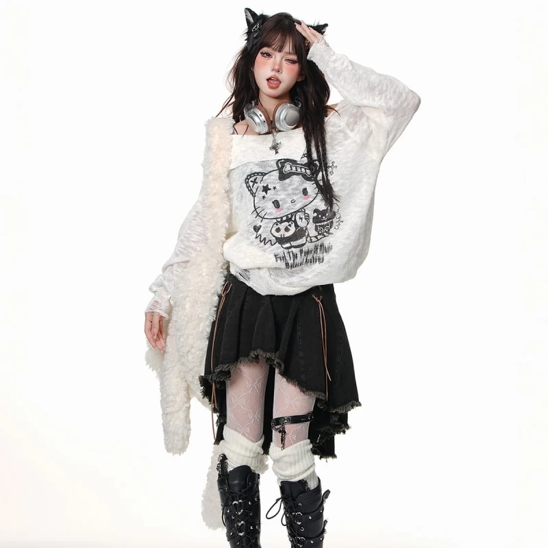 Sweet Girl Style Hello Kitty Printed Off-shoulder Long Sleeve T-shirt 6 Sweet Girl Style Hello Kitty Printed Off-shoulder Long Sleeve T-shirt - Image 4