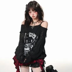 Sweet Girl Style Hello Kitty Printed Off-shoulder Long Sleeve T-shirt 13 Sweet Girl Style Hello Kitty Printed Off-shoulder Long Sleeve T-shirt -Kawaii Fashion Shop Sweet Girl Style Hello Kitty Printed Off shoulder Long Sleeve T shirt 5