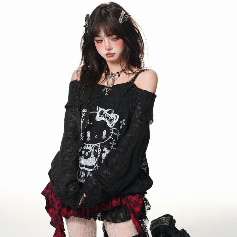 Sweet Girl Style Hello Kitty Printed Off-shoulder Long Sleeve T-shirt 7 Sweet Girl Style Hello Kitty Printed Off-shoulder Long Sleeve T-shirt - Image 5