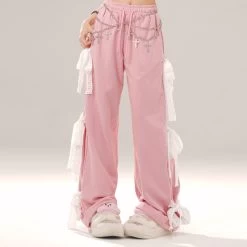 Sweet Girl Style Pink Bow Straight Pants