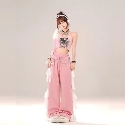 Sweet Girl Style Pink Bow Straight Pants -Kawaii Fashion Shop Sweet Girl Style Pink Bow Straight Pants 6